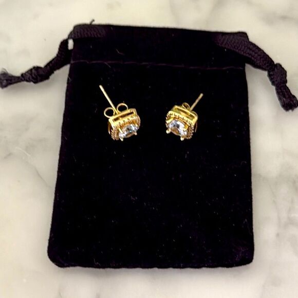 14k Gold Plated CZ Studs – .3” Square Cushion Earrings with Pavé Halo - Picture 7 of 9